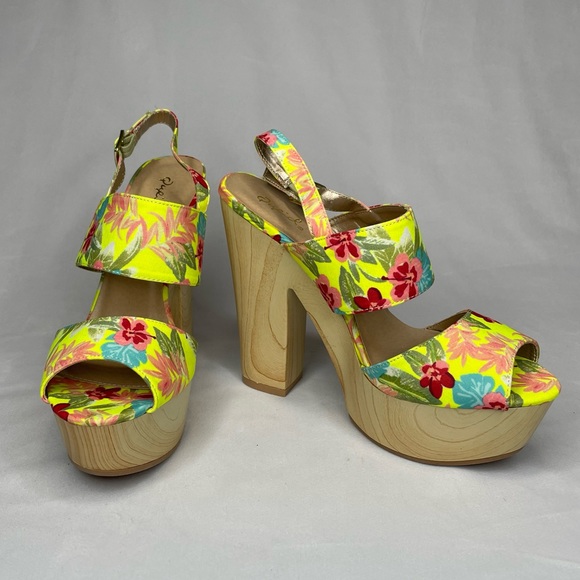 QUPID Neon Floral Open Toe Clog Heels Slingback Peep Toe Strappy Shoes size 9 - Picture 3 of 7